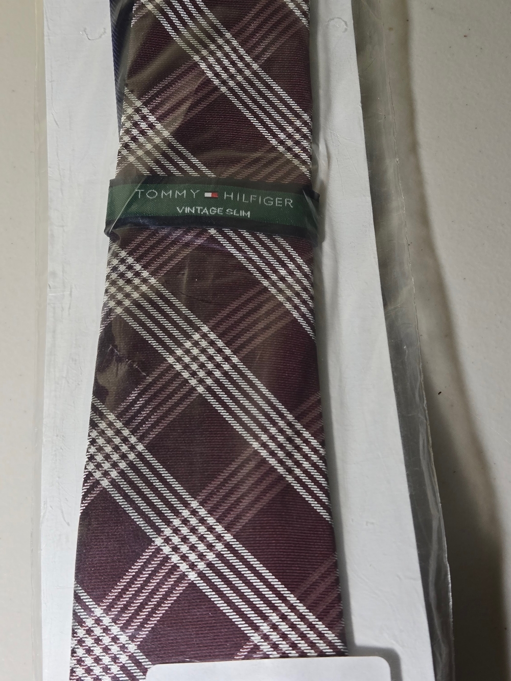 NWT Tommy Hilfiger Vintage Slim Tie Burgundy Plaid Extra Long 70 Inch Big Tall